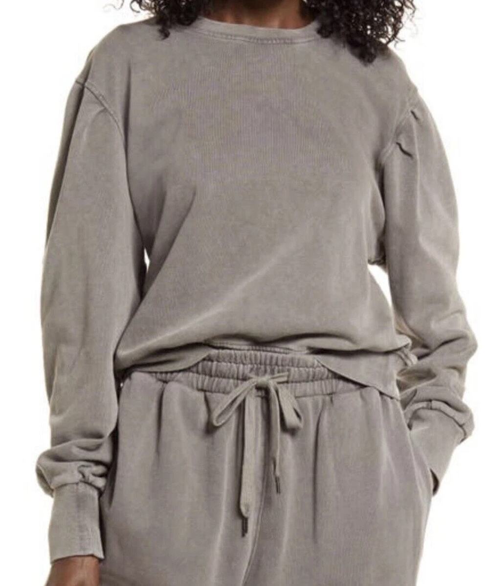 BLANK NYC Womens Crewneck Sweatshirt Puff Sleeve M Gray Lounge Grunge Comfort